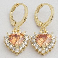 Pretty New Yellow Gold Plated Champagne Heart CZ w/Accents Dangle Drop Earrings