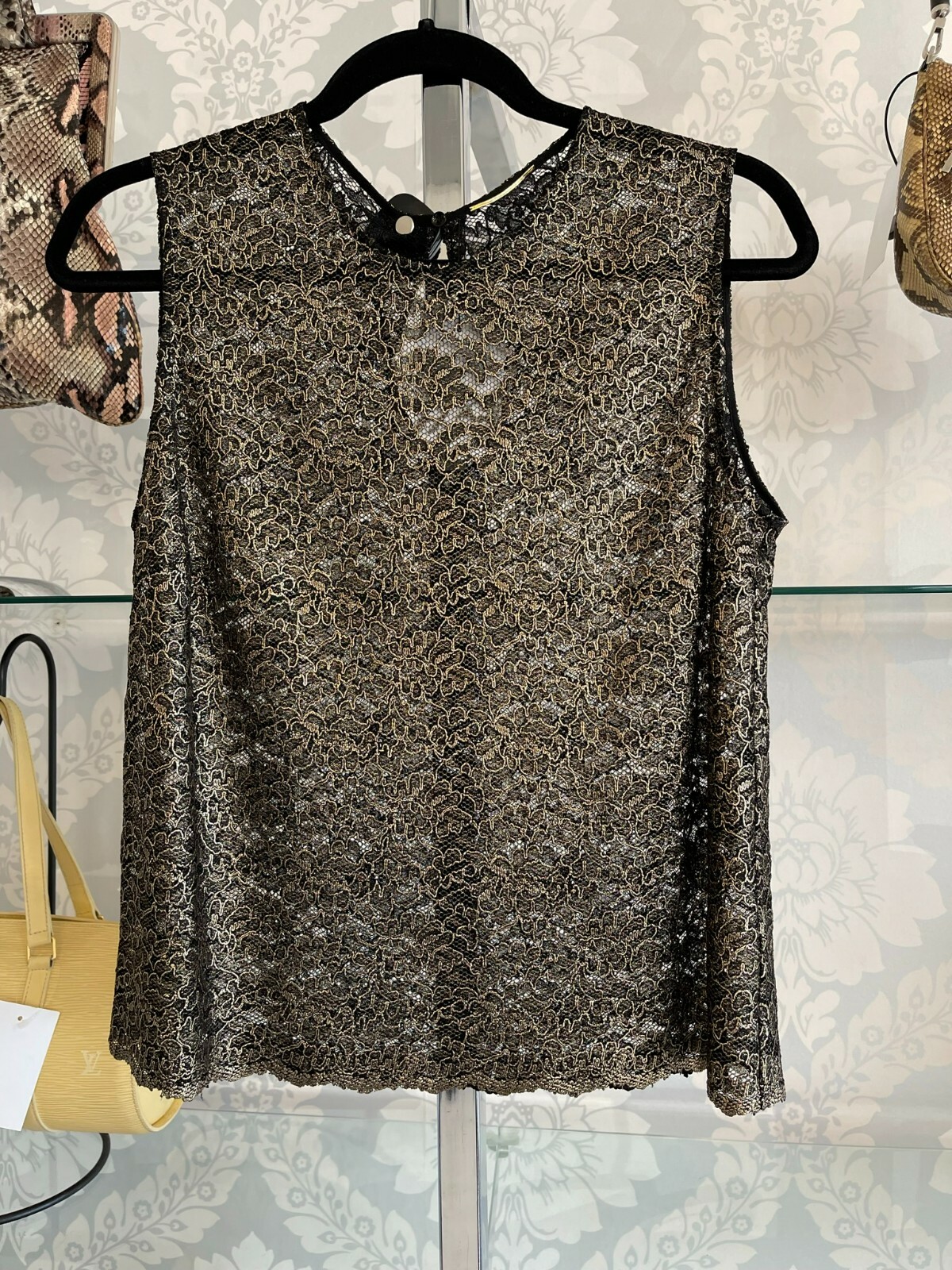 Top senza maniche SAINT LAURENT nero oro misto viscosa seta trasparente pizzo taglia 44 $995