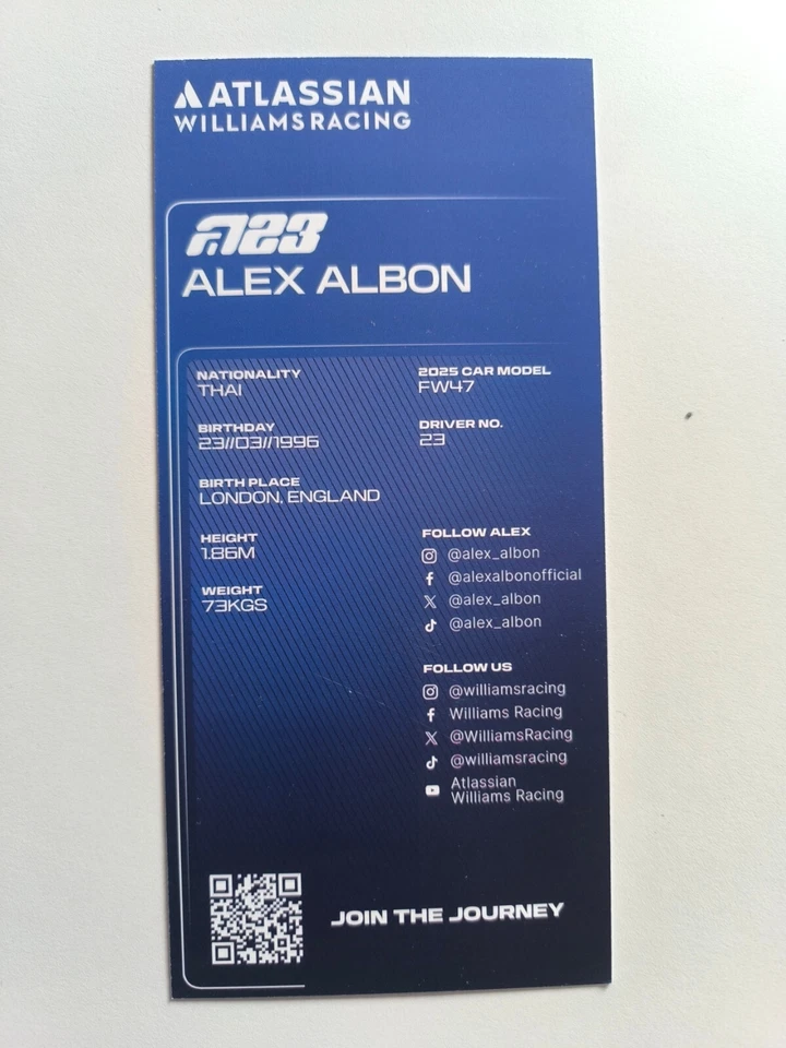 Alexander Albon signed 2025 Williams F1 FW47 official card 10x21cm NEW - Image 2 of 2