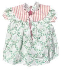 Hugs Kisses Vintage Pink Green Floral Bib Cottagecore Dress Spring 80s 12m
