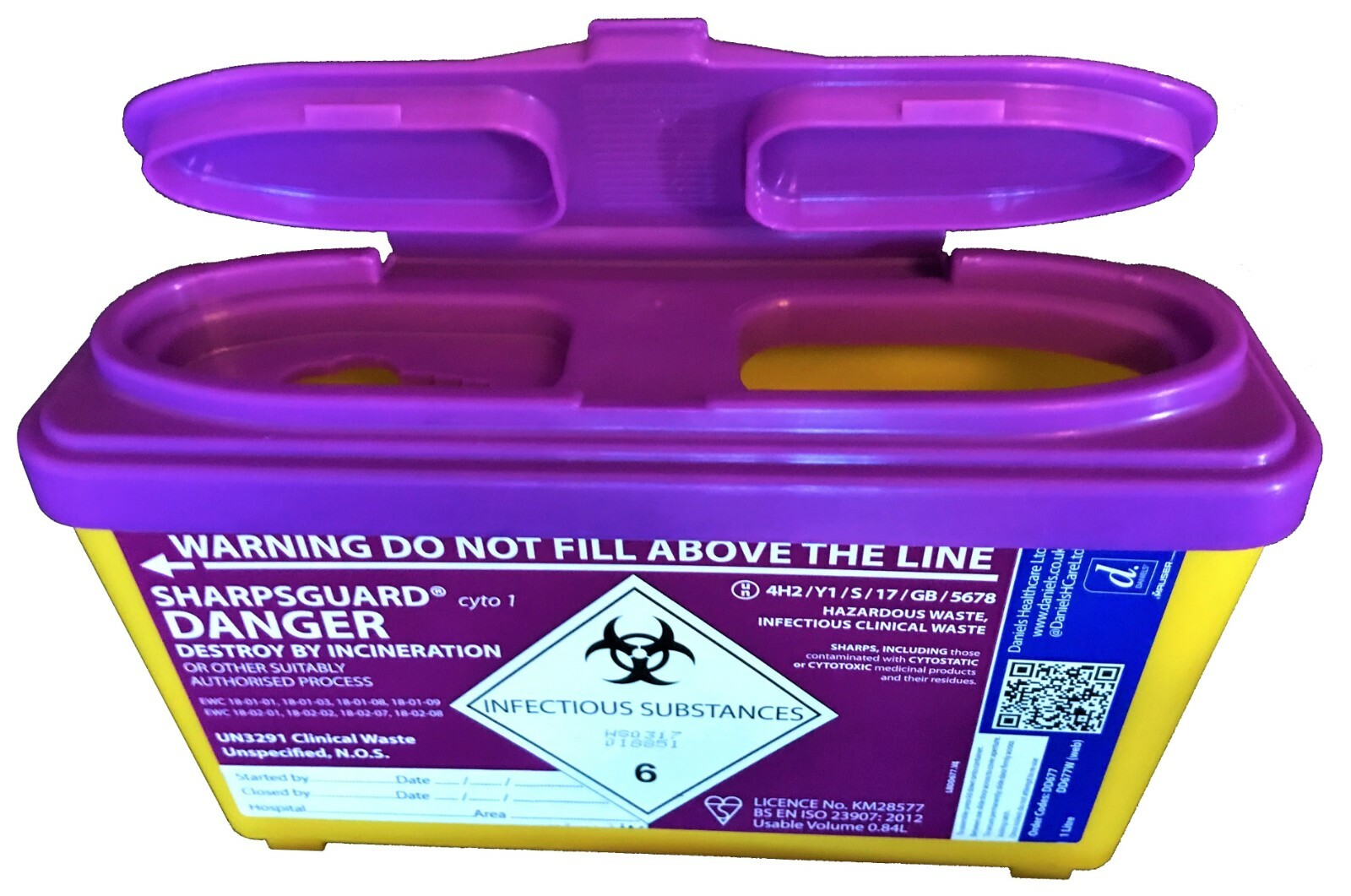 Daniels SHARPSGUARD® Purple cyto 1 litre Sharps Bin Container Needle