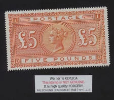 FORGERY - Werner's REPLICA of GREAT BRITAIN 1882 £5 orange