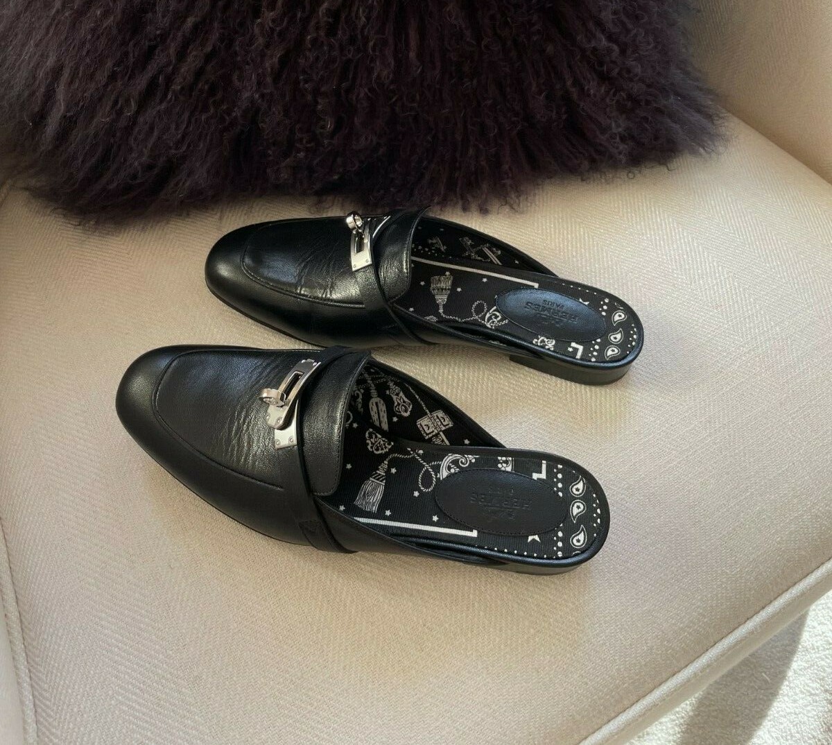 Hermes Oz Leather Mules Black Womens Size 37 image 8