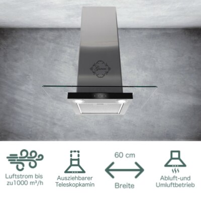 Dunstabzugshaube 60cm 1000m³/h Inox Abluft Umluft TouchControl Gurari GCH 466