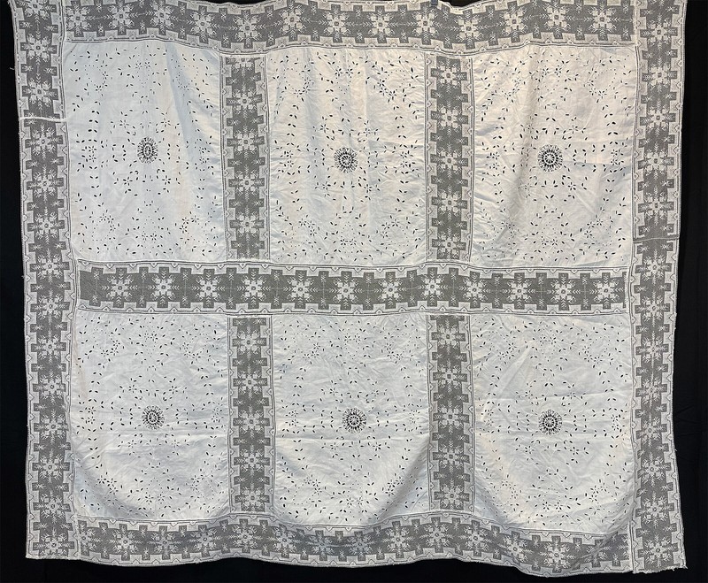 Antique Filet Cluny Bobbin Lace Embroidery Eyelet Whitework Linen Tablecloth VTG