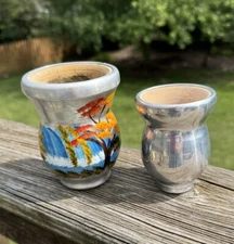 Wood Silver Painted Mate Cup, hand painted,  Clay, Argentina, Set Of 2