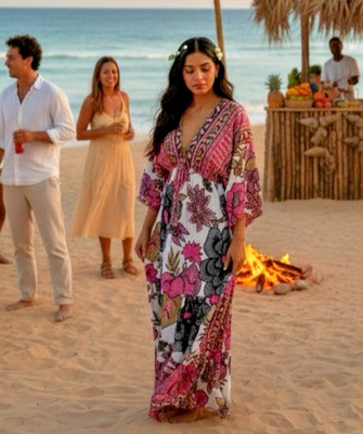 Wayan tropical floral v-neck empire elastic tassel maxi dress One Size indie