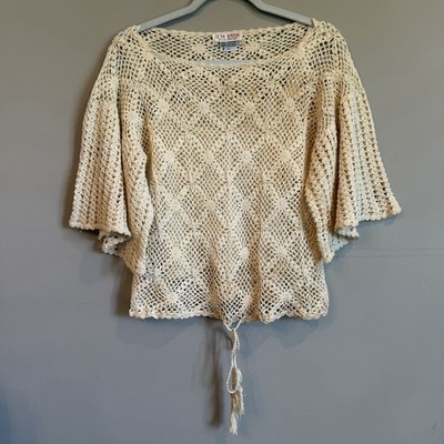 Vintage J.M. Pink Hand Crochet Ivory Floral Top Fairycore Boho Flutter Sleeve L