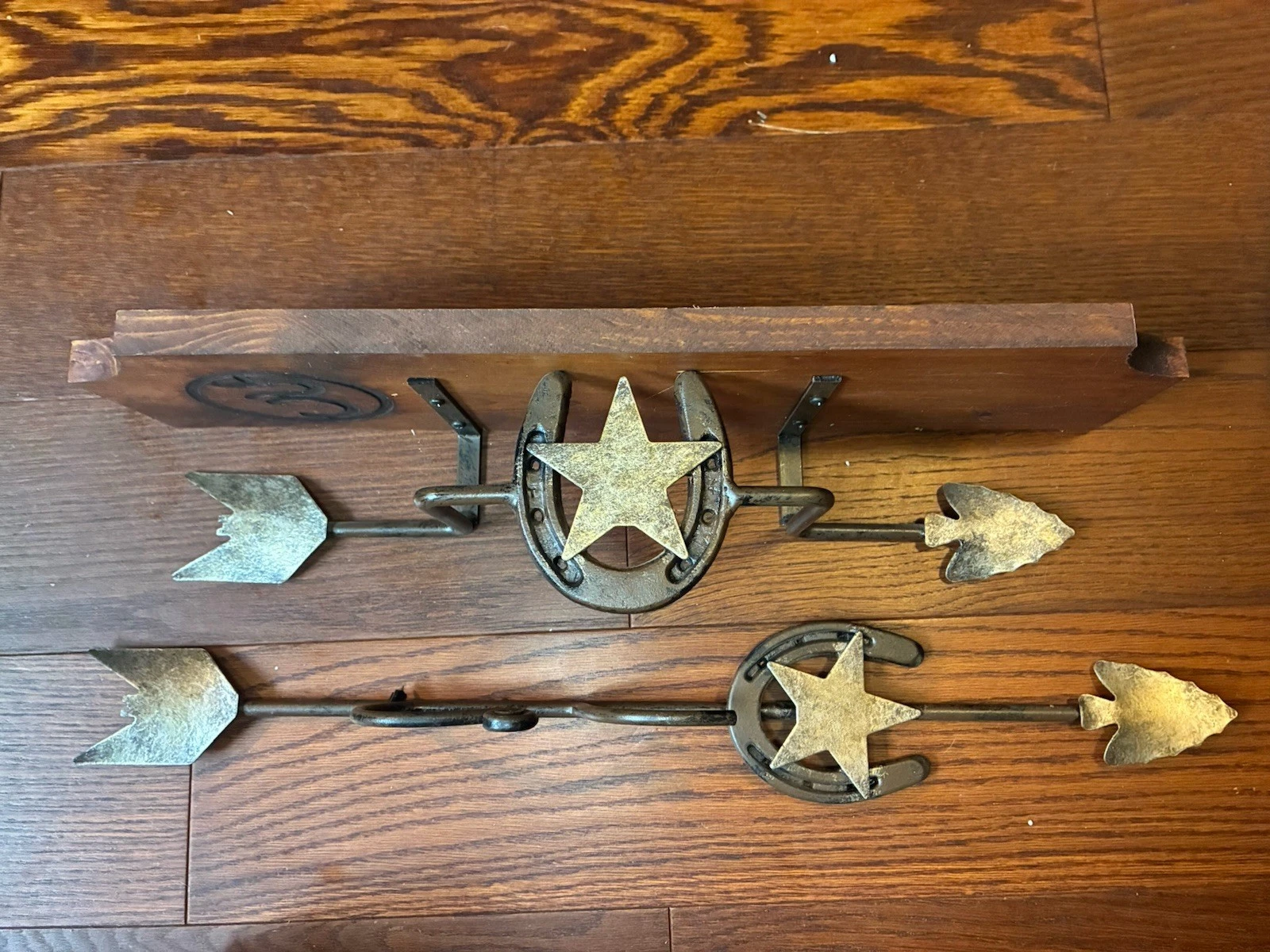 Lot of 2 - Western Floating Wood Shelf & Hook Metal Horseshoe Arrow Star 18"