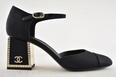 Chanel 24B Black Crystal CC Logo Gold Mary Jane Ankle Strap Block