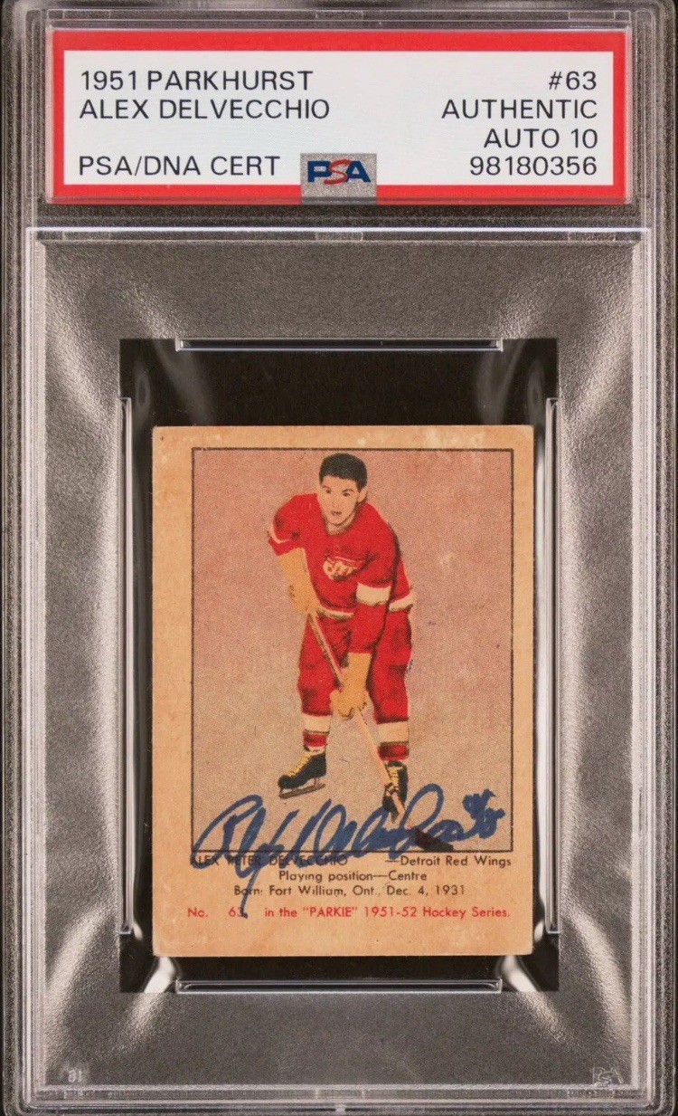 Alex Delvecchio #63 Hockey Cards 1951 Parkhurst trading card — raw and PSA graded price guide