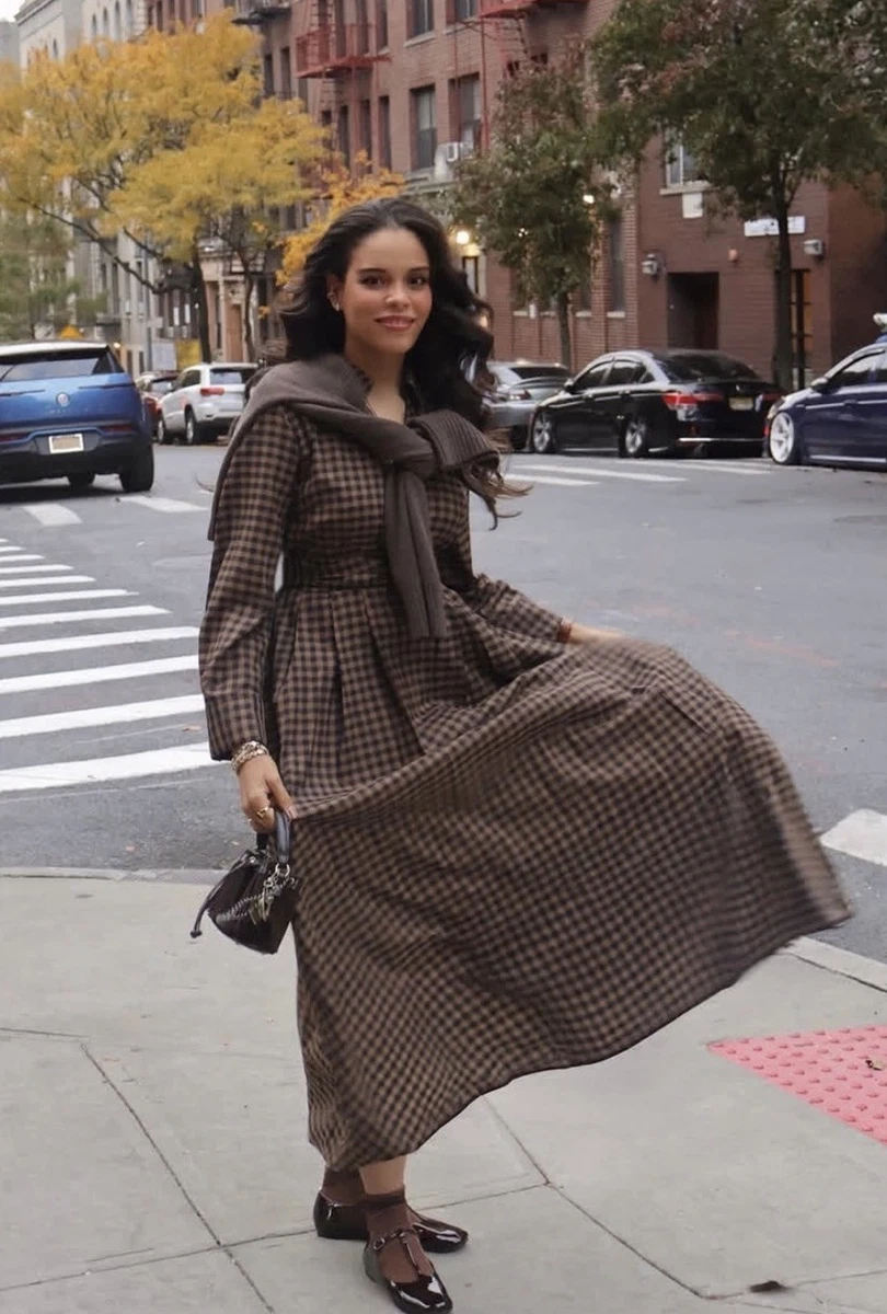 zara brown plaid dress Brown Long Sleeve Mini Dress Deep V Ruched A-Line Dress – ZINNTRA