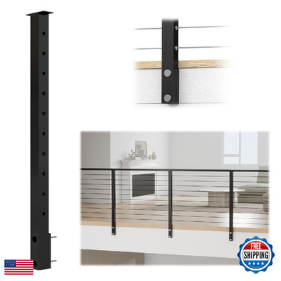 Muzata Black Side Mount Cable Railing Post 36 Inch 36X2X2 Level Drilled