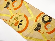 7596159: JAPANESE KIMONO / ANTIQUE FUKURO OBI / SILK / WOVEN FLOWER ROUNDEL