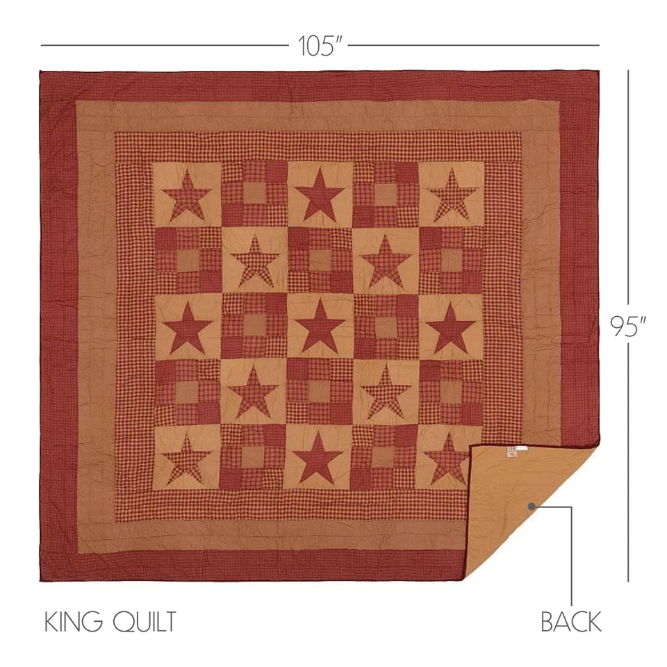 Primitive King Quilt Red Patchwork Ninepatch Star Bedroom Decor VHC Brands - Image 3 of 4