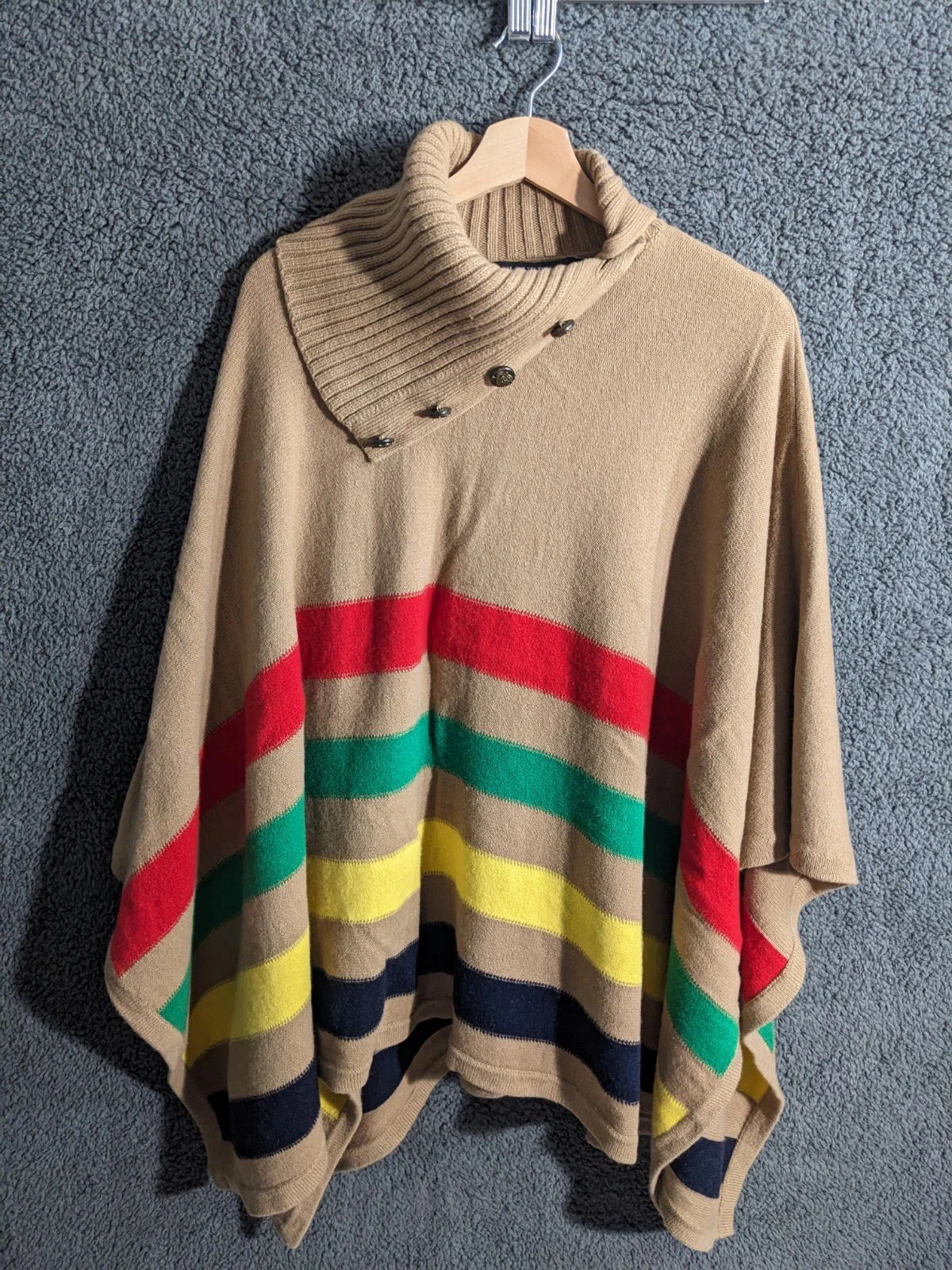 Lauren Ralph Lauren Women Poncho S Camel Brown Wool Blend Warm Stripe TurtleNeck