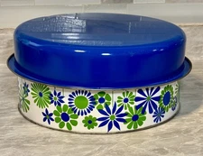 Vintage Food Carrier Tin J.L Clark Blue and Green Daisy Flowers 2 piece Only