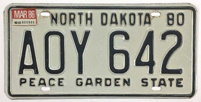 Vintage North Dakota 1980 1986 Peace Garden State License Plate AOY 642 Nice