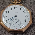 Antique Open Faced 1921 Elgin Gold Filled Pocket Watch 12S Octagonal With Chain