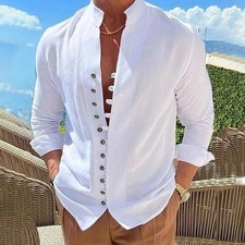 Men's Guayabera Cuban Beach Wedding Long Sleeve Button Up Casual Dress Shirt