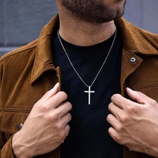 Silver Cross Necklace Christian Chain Stainless Steel Women Men Cross Necklace