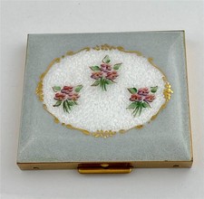 Vintage 50's Floral Guilloche Enamel Handpainted  Mirror Powder Compact