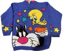Vintage Looney Tunes Tweety  Sylvester Pullover Sweater Blue Embroidered Kids M