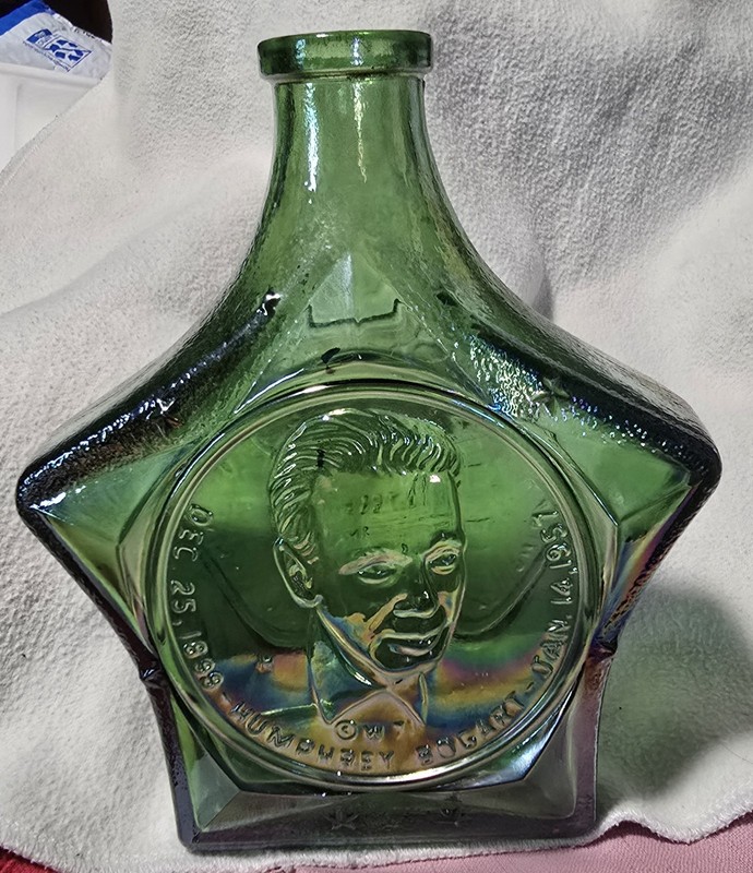 Vintage Wheaton Glass Humphrey Bogart Green Iridescent Decanter Bottle 7.25"