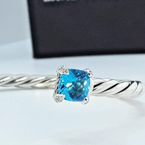 $700 David Yurman 4mm Chatelaine Bypass 925 Plata y Diamantes Topacio Pulsera Foto 4 de 4