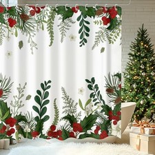 Christmas Shower Curtain, Holly Xmas New Year Holiday Winter Decor Bathroom