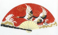 Oriental Cranes Wedding FAN on Red handpainted Japanese Needlepoint Canvas LEE