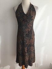 Ann Taylor Sleeveless Silk Halter Dress Brown w/Light Brown & Beige Floral Sz 2
