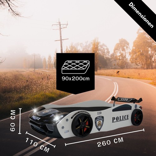 Autobett Kinderbett Polizeiautobett 90x200 weiß Spoiler und Lattenrost POLICE V2 - Bild 4 von 8