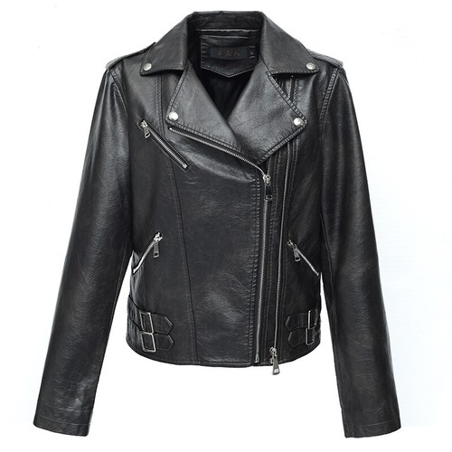 Women's Leather Jacket Short Ladies Motorcycle Leather Coat Slim Fit Jacket - Picture 2 of 14