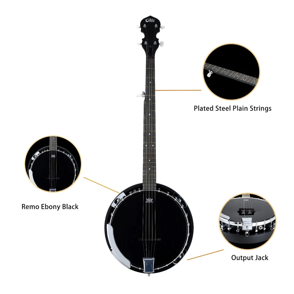 5 String Full Size Acoustic Electric Banjo Solid Back Remo Ebony Black Top Sapel - Image 4 of 4