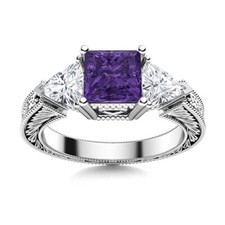7MM Square Amethyst Bohemian Three Stone Women Wedding Ring 925 Sterling Silver