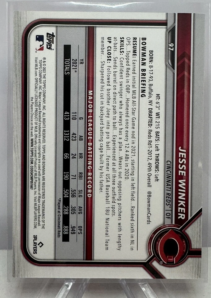 2022 Bowman Jesse Winker /5 Red Short Print 97 - Image 2 of 2