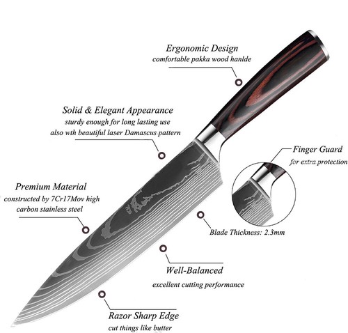 3Pcs Kitchen Knife Set Damascus Stainless Steel Chef Knives Meat Cleaver Sharp - Picture 7 of 12
