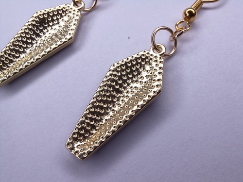 Halloween French Hook Earrings Gold Tone Red Enamel Coffin Earring Pair - Picture 10 of 13