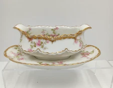 Haviland Limoges Schleiger 29 K Gravy Boat With Attached Underplate Pink Gld Wht
