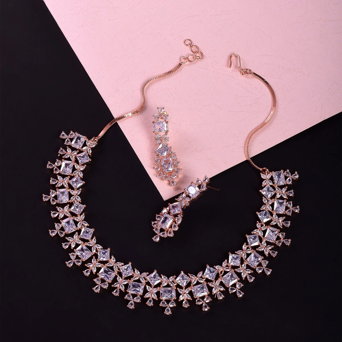 American Diamond rose gold set|Pink Diamond Luxury look CZ Diamond Choker  Necklace|Indian Wedding jewelry |Bollywood bridal set|Gift for her