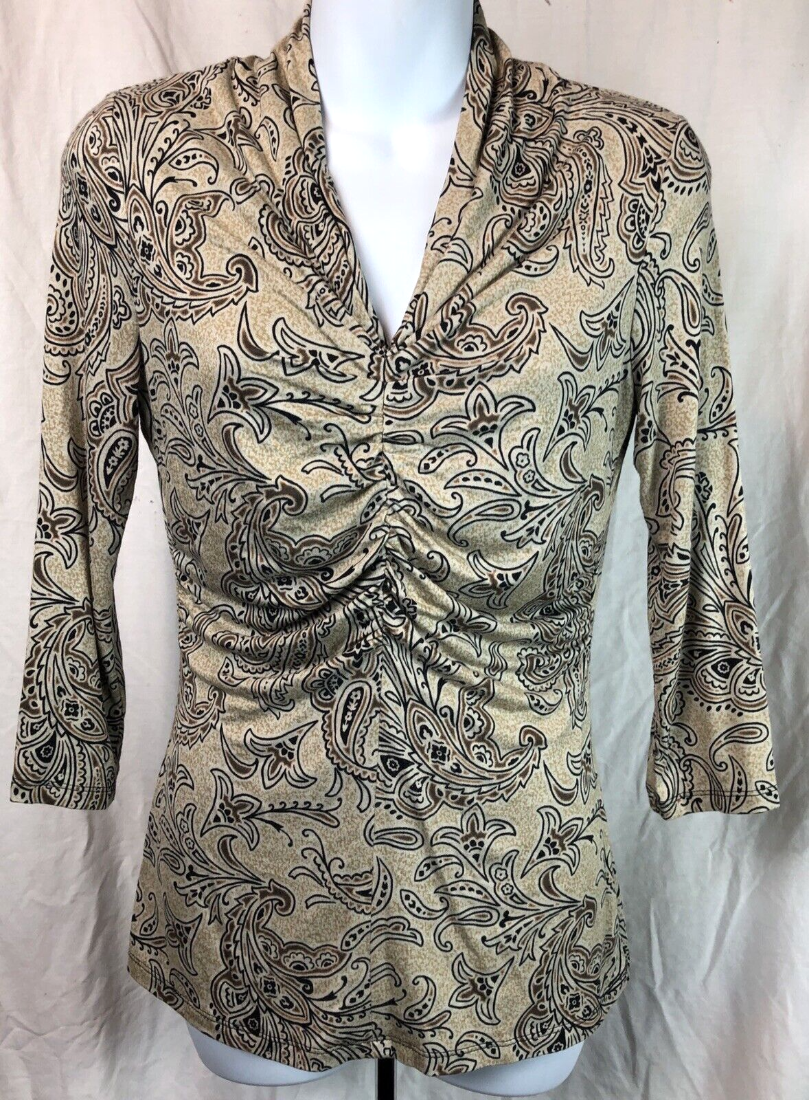 Ann Taylor Brown & Black Paisley Draped V-Neck Blouse with Half Sleeves