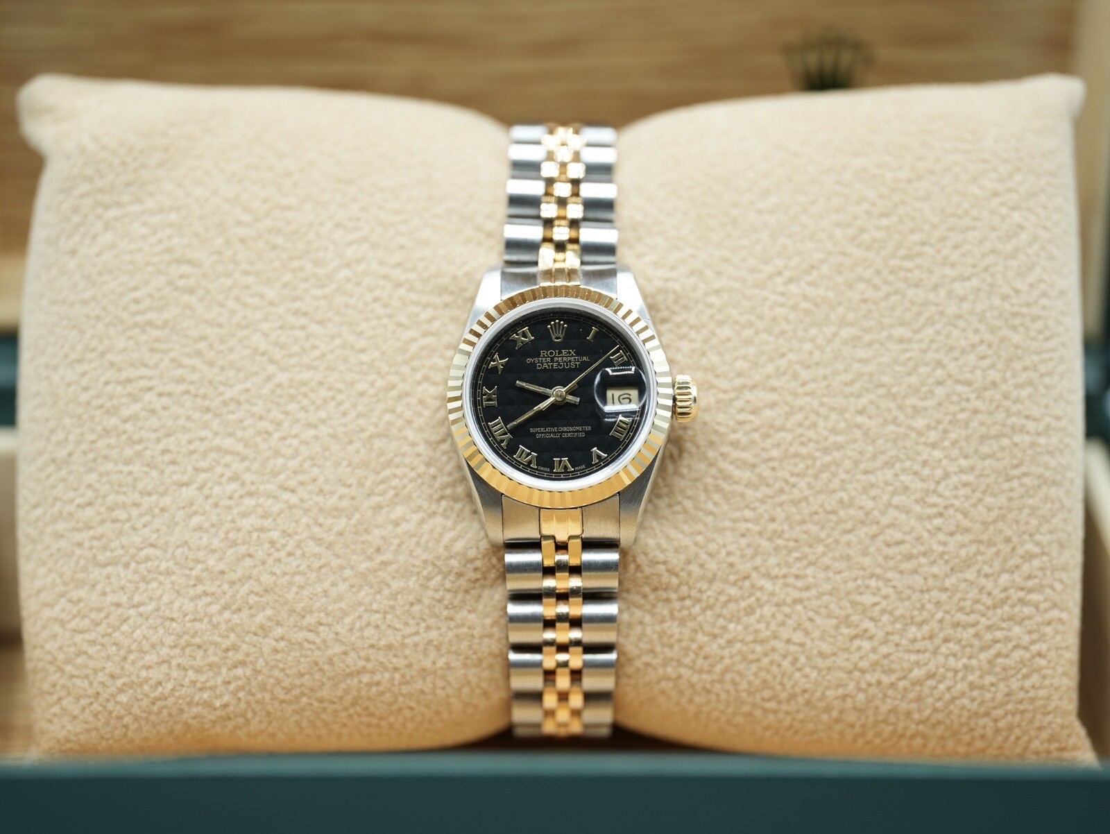 Ladies Steel & Gold Rolex Datejust 26mm 69173 Rare Factory Black Pyramid Dial image 5