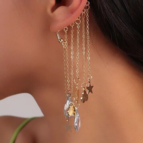 Gold Ear Cuff Star Charms Crystal Beaded Ear Wrap Large Ear Hook x 1 Earring - Picture 2 of 2