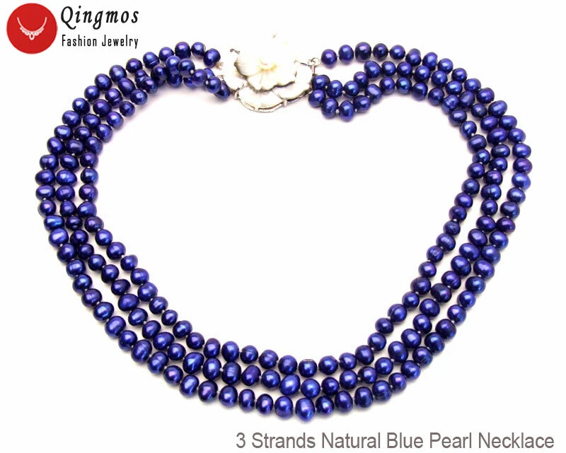 Gargantilhas femininas redondas de pérolas azuis naturais 7-8 mm 3 fios joias 17" - Imagem 4 de 4