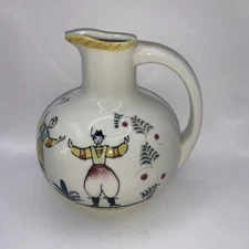 Vintage Folk Art Pottery Pitcher, Hand Painted Water Jug, Vase, Wine Carafe 7”