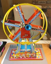 Vintage Tin Wind-up Ferris Wheel Toy 'Giant Ride' Colorful Carnival Design