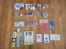 ~ Vintage Sewing Kit Lot Bobbins Thread Pins Zipper Pin Cushion Sew ~
