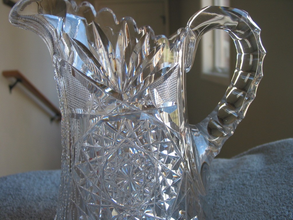 American Brilliant Cut Glass Antique Pitcher w/ Hobstar & Notched Mitres 8 inch