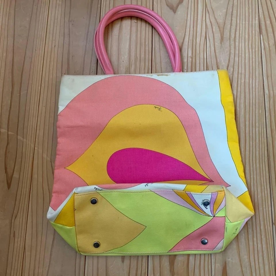 Bolso de Mano Vintage Emilio Pucci Colorido Patrón Onda, Lona Rosa y Amarilla #0802 Foto 2 de 4